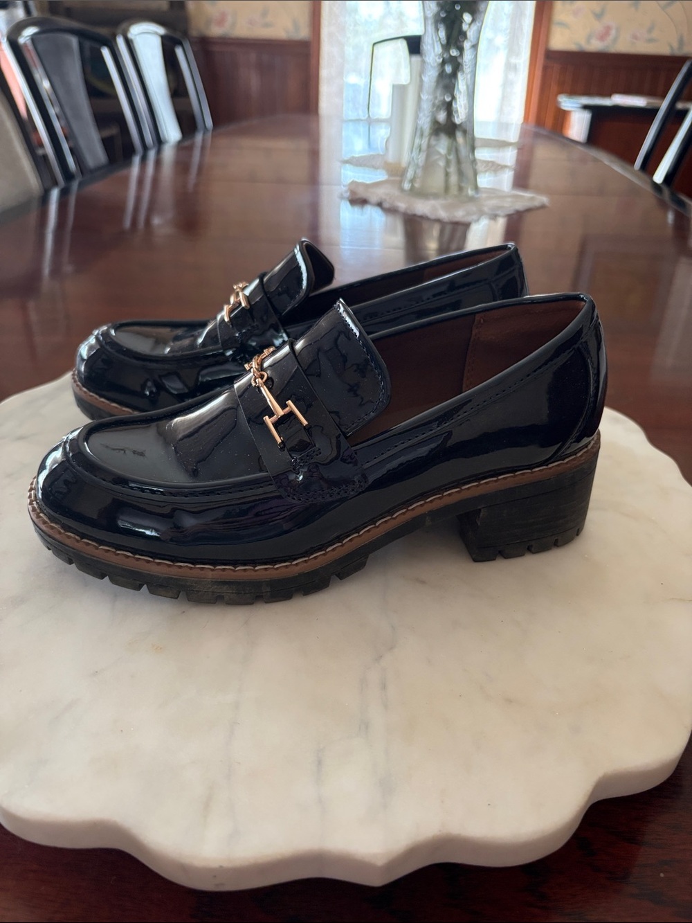 Patent Leather Chunky Heel Loafers - Black